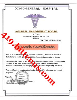 Death certificate of Dr Johnson Tamba